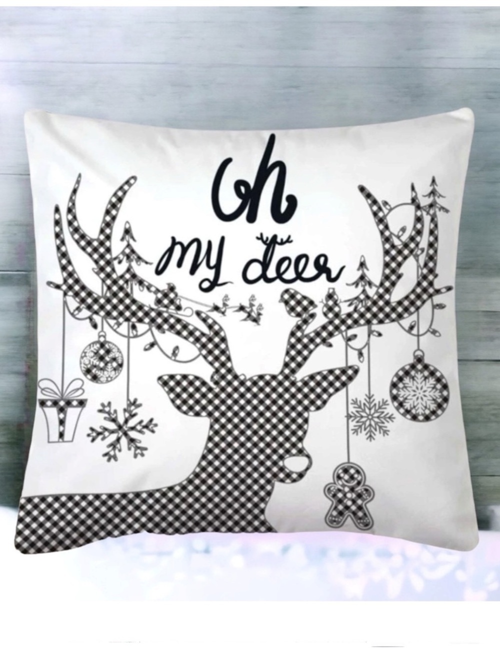 Pillow Cover Deer Christmas Zip Up Farmhouse White Black Plaid Large 17.7 in